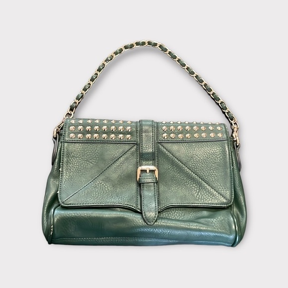 MMS Forest Green Shoulder Bag Studded Flap Woven Metal Strap Magnetic Closures - Picture 1 of 12